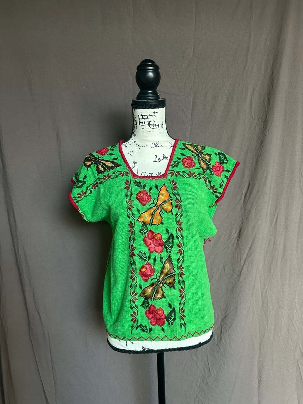Handmade Mexican Embroidered Huipil Blouse with Floral/ Butterfly Motif